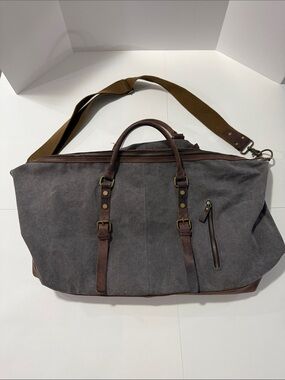 A-Zone Canvas Travel Weekender Bag in Charcoal Gray with Brown Leather Accents
